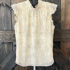 NWT LOFT Floral Flutter Sleeve Blouse M Cream Ruffle Boho Office Dressy Sheer